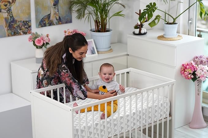 BaeBae Goods Crib Sheets for Baby Boys and Girls, 4 Pack, Soft and Breathable Jersey Knit Fitted Sheet Set, Cute Gender Neutral Nursery Mattress Bedding, Universal Fit (Grey Triangles)