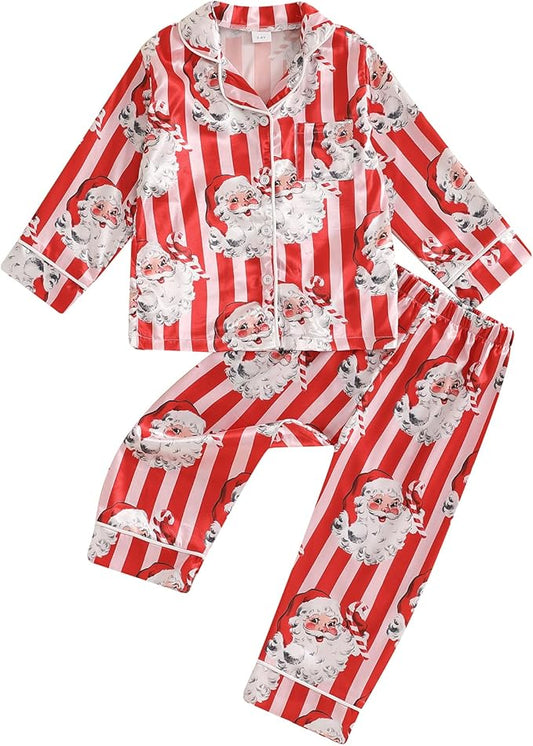 Toddler Kids Baby Girl Solid Pjs Ruffle Long Sleeve Button Shirt Top and Pants Cotton 2Piece Pajamas Set