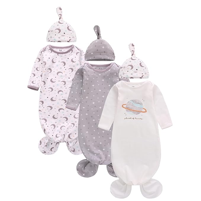 Newborn Knotted Nightgown Long Sleeve with Matching Hat Set 3 Pack, Baby Sleeper Gowns Unisex Home Outfits Set with Mitten Cuffs for Boys Girls 0-3 Months