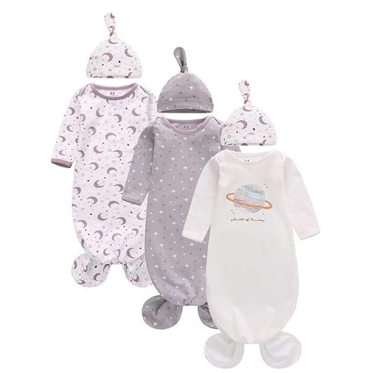 Newborn Knotted Nightgown Long Sleeve with Matching Hat Set 3 Pack, Baby Sleeper Gowns Unisex Home Outfits Set with Mitten Cuffs for Boys Girls 0-3 Months