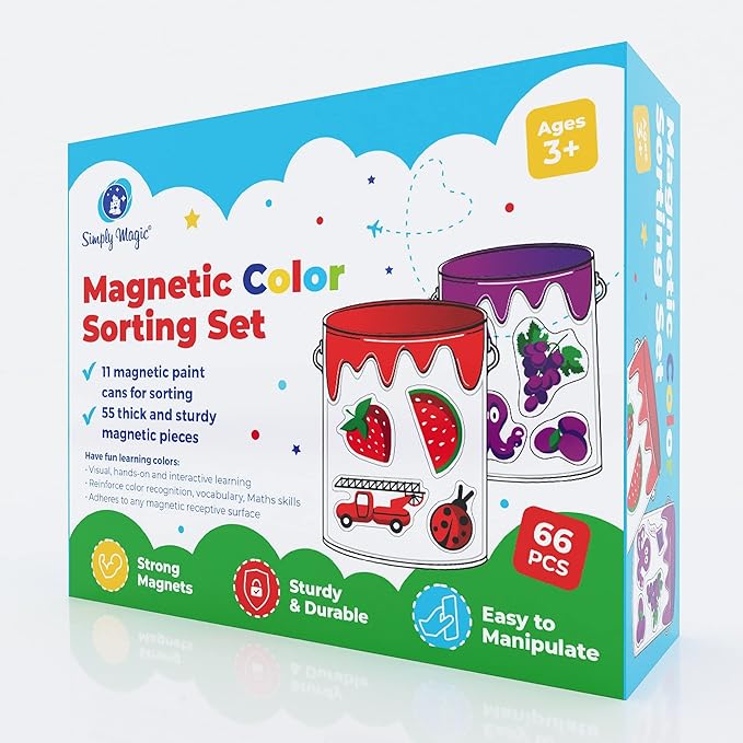 Simply magic 11 Jars Magnetic Color Sorting Set - Color Sorting Toys for Toddlers, Magnetic Shapes, Learning Colors Recognition Magnets, Color Matching Games for Toddlers, Preschool Circle Time