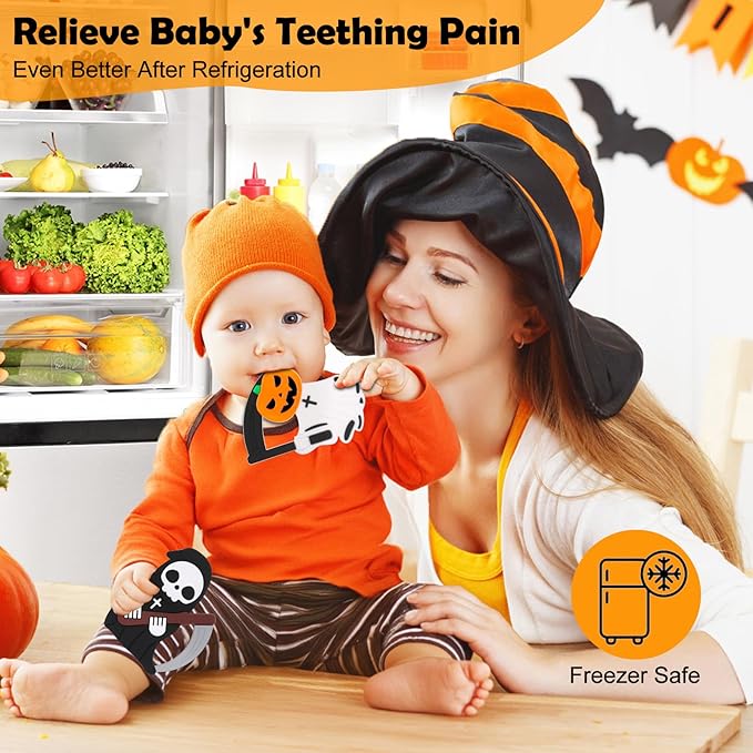Halloween Baby Teething Toys 2Pack–Pumpkin Ghost & Grim Reaper Silicone Teethers for Newborns, Infants & Toddlers–Sensory Chew Toys for Teething Relief–Perfect Baby’s First Halloween Basket Stuffers