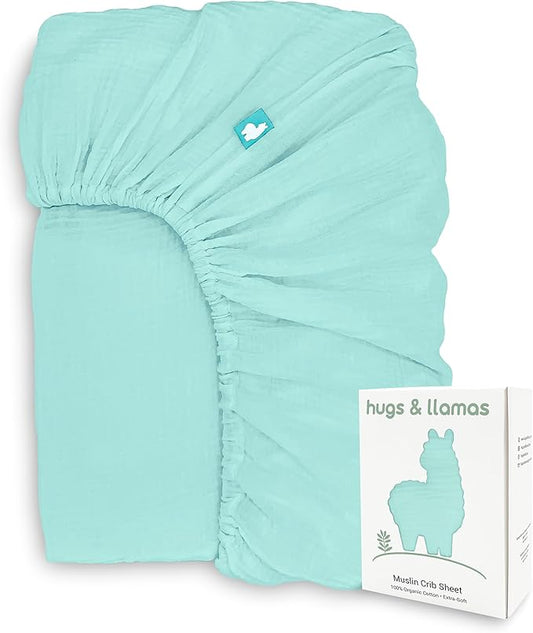 Hugs & Llamas | 100% Organic Cotton Muslin Fitted Sheet | Premium Baby Crib Sheets for Boys & Girls - Neutral