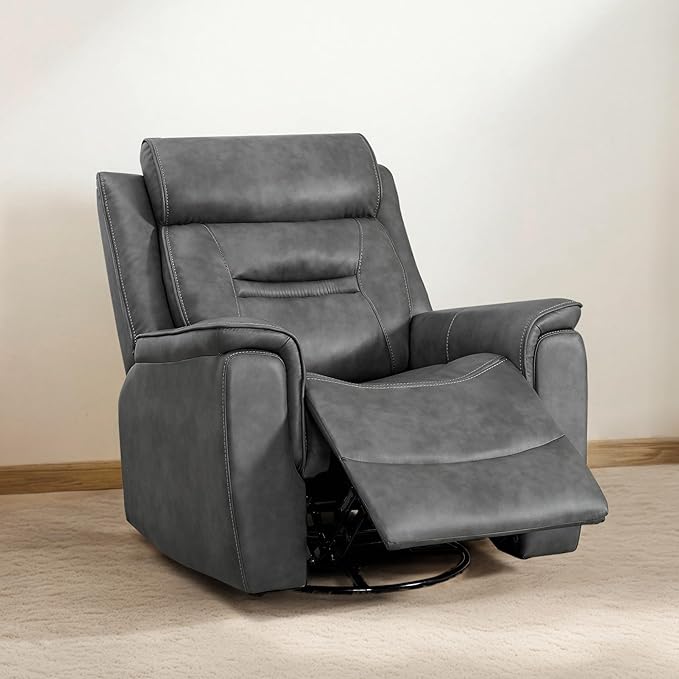 Leather Recliner Chair, 360° Swivel Rocker for Adults Manual Rocking Reclining Chair with Adjustable Backrest Footrest for Living Room Bedroom Home Theater Seating