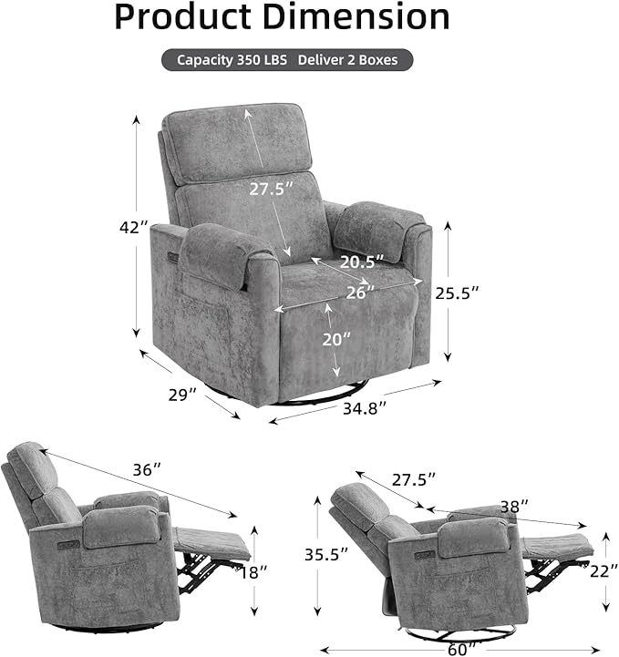 Oversized Power Recliner Chair, 26" Extra Wide Swivel Rocker Recliner with Adjustable Headrest, Chenille Glider Rocking Nursery Chair with Overstuffed Armrest, USB Ports, Grey