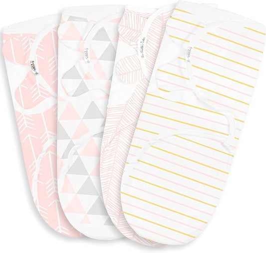 BaeBae Goods Swaddle Blanket, Adjustable Infant Baby Swaddling Wrap Set of 4, Baby Swaddling Wrap Blankets for Boys and Girls Made in Soft Cotton (0-3 Months, Pink/Gold Stripes)