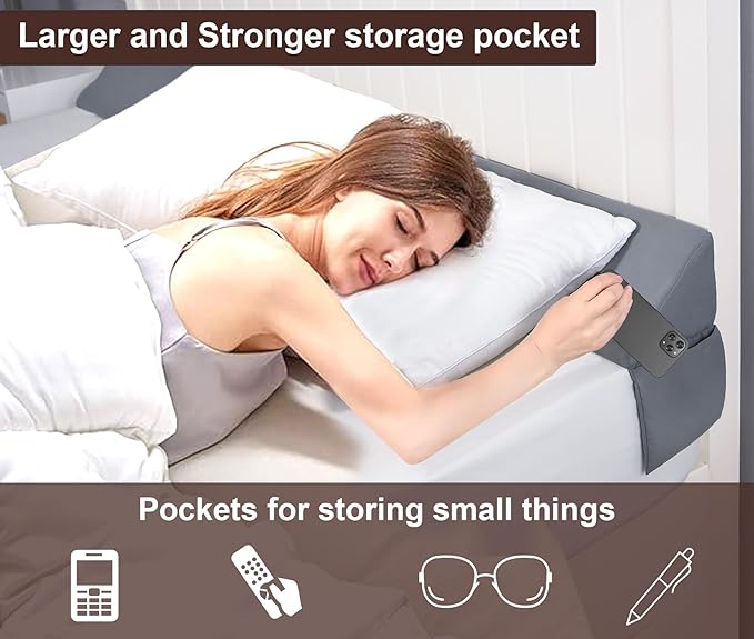 Vekkia Queen Bed Wedge Pillow/Headboard Pillow for Headboard Gap,Bed Gap Filler to Close Gap (0-3.5"),with Handy Pockets and Washable Cover- Grey