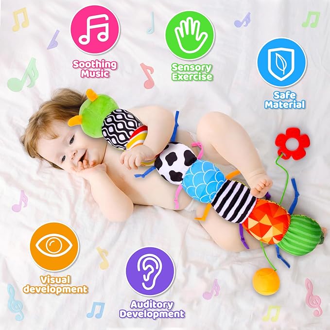 Baby Toys 0 to 12 Months, Stuffed Animal Infant Tummy Time Toys Sensory Toys with Crinkle, Rattles, Textures and Mirror Gifts for Newborn Boy Girls Toddlers, Caterpillar Musical Toy (Green)