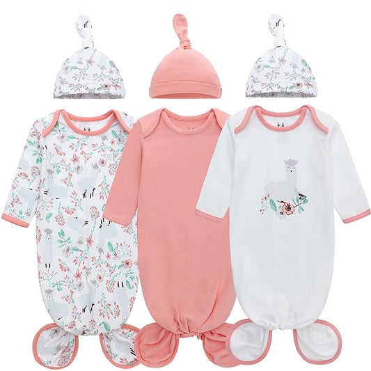 Miracle Baby Newborn Knotted Gown with Hat Set, 3 Pack Newborn Nightgowns, Baby Sleeper Gowns with Mitten Cuffs for Boys Girls 6-12 Months
