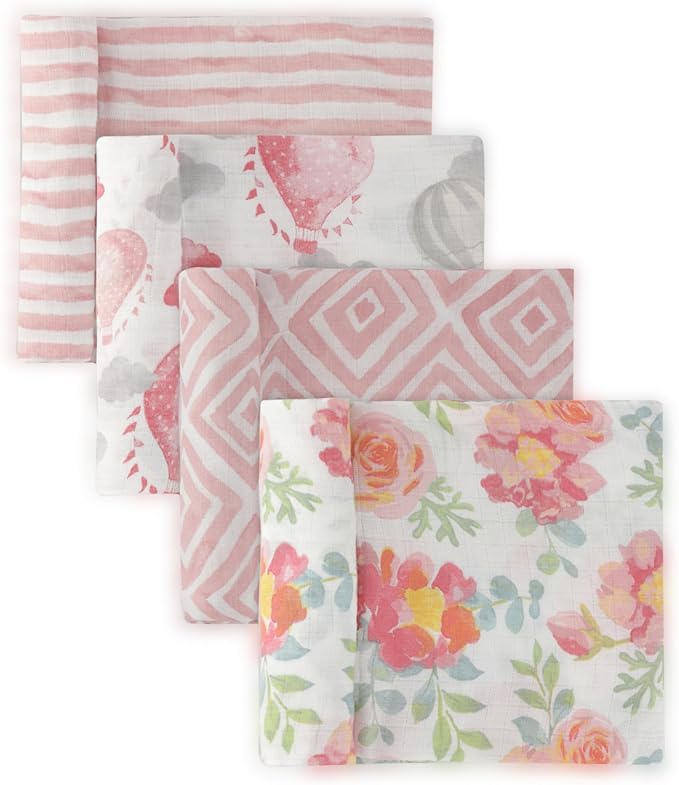 Featherhead™ 100% Cotton Muslin Swaddle Blankets for Baby Girl - Large 47”x 47” - Pre-Washed, Soft, & Breathable - Newborn Essential & Perfect Baby Registry Gift (4 Pack - Garden Floral)