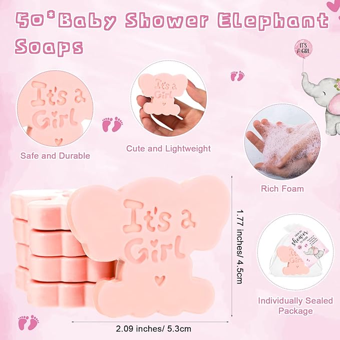 50 Sets Baby Shower Soap Favors for Guests Boy Girl Mini Handmade Scented Soaps with Thank You Tags and Organza Bags for Shower Gender Reveal Party Favors (It's A Girl,Pink Elephant)
