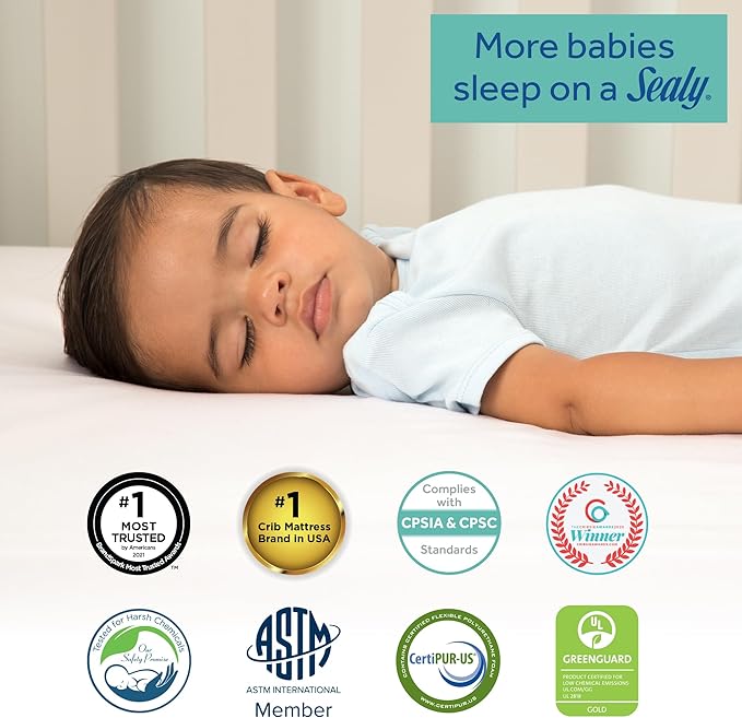 SEALY BABY OmniPedic Refresh Breathable Crib Mattress, GREENGUARD Gold Certified, Made in USA, Removable Knit Cover, 2 Stage, Toddler Bed Fit, Safety & Quality Tested, 52x28