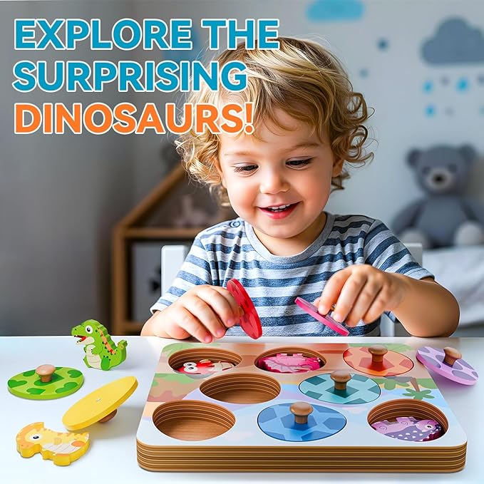 Wooden Puzzles for Toddlers 1-3, Montessori Toys for 1 2 Year Old Boy Birthday Gifts, Dinosaur Matching Eggs Peg Puzzles for Toddlers Age 2-4, Preschool Learning Activities for Girls