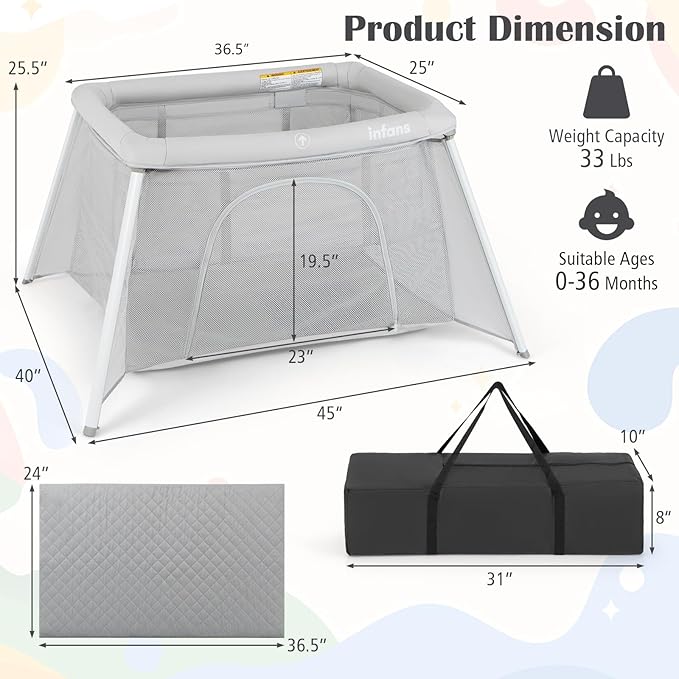 INFANS Travel Crib, Portable Baby Playpen with Removable Bassinet Soft Mattress Carry Bag, Foldable Lightweight Playard Nursery Center for Newborns Toddlers (Light Gray)