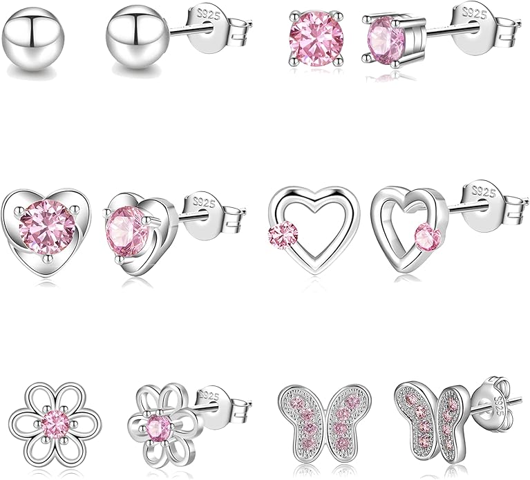6 Pairs Huggie Hoop Earrings 925 Sterling Silver Stud Sets Cute Heart Hoops Tiny Cubic Zirconia Flower Stud Small Hypoallergenic Cartilage Sleeper Earrings