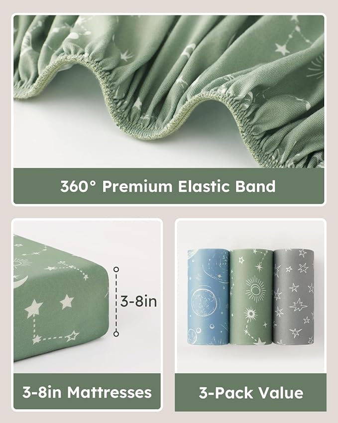 Baby Crib Sheets for Boys Girls, Fitted Crib Sheet Neutral 3 Pack for Standard Crib and Toddler Mattress, Breathable Soft Microfiber Baby Sheet 28x52x8in Green Gray Constellation