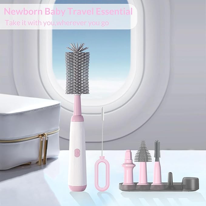Electric Baby Bottle Brush Cleaner with Extended Handle & Drying Holder, Baby Bottle Brush Set with Silicone Bottle/Nipple/Crevice/Brush,Straw Cleaner,Lifesaver Automatic Bottle Cleaner,Pink