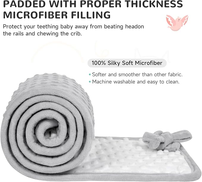 Plush Gray 3pcs New Teething Edge Crib Rail Cover&Corner Guard Coverage Straps,Reversible Guardrail Cover Protector for Boys Girls(1 Long 2 Short)