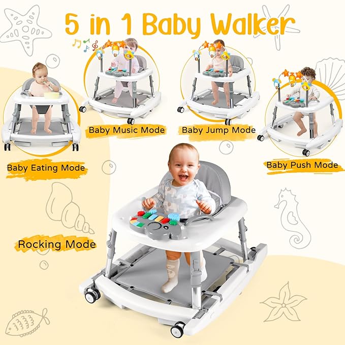 5-in-1 Music and Lights Baby Walker Foldable with 5 Adjustable Heights, Baby Walker with Wheels and Bouncer Combo Portable, Infant Toddler Walker for Baby Boy Girls 6-18 Months