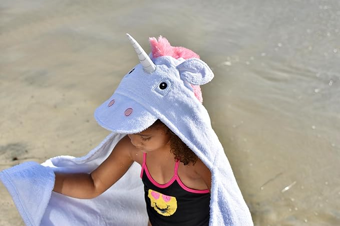 Hooded Baby Towel for Kids 2-8 | Large 100% Cotton Baby Towel for Girls or Boys in White | Cute Unicorn Bath Towels for Babies and Toddlers with Rainbow Mane