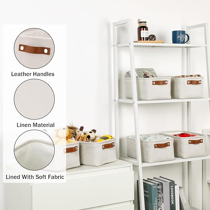 HNZIGE Fabric Storage Baskets for Organizing Small Storage Baskets for Shelf,6 Pack Shelf Baskets for Storage with Leather Handles, Foldable Baskets for Organizing Clothes(Cream 11.8" x 7.8" x 5.1")