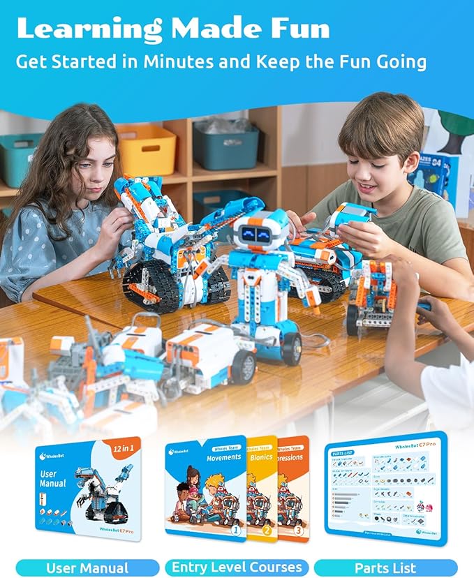 WhalesBot E7 Pro Coding & Remote Control Robot Kit for Kids 8+, Scratch & Modular Programming, Educational Engineering Science Toy Set with Smart Controller/Sensors/Motors for Kids Ages 8-12, 12-16