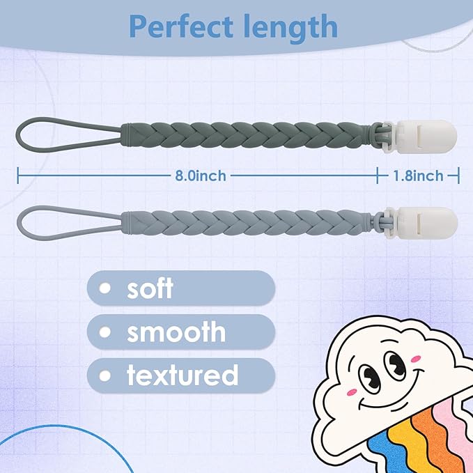 Stylish Silicone Pacifier Clips 4-Pack for Baby Boys and Girls, Woven Rope Flexible Design, Rust-Free Holders for Teething Relief and Baby Essentials, Safe for Newborns (Grey)