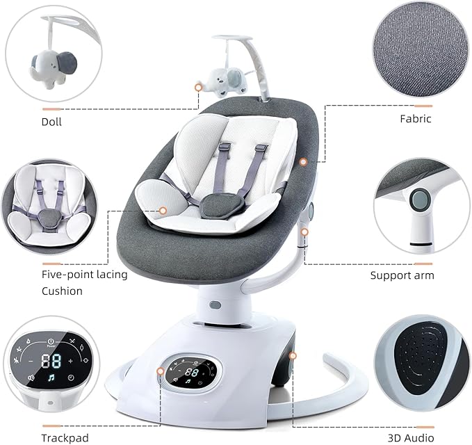 Baby Swing for Infants Electric Automatic Multi Motion Newborn for Girl & Boy with Remote Control, 5 Speed, 13 Melodies, Light Gray