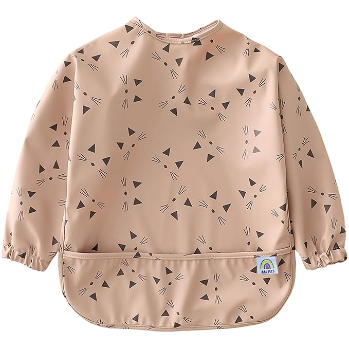 ARI MES Long Sleeves Waterproof Baby Bibs for Eating - Kitty Cats, Medium- Wearable, Coverall for Toddler, Long Sleeve Bib, Smock Apron for Feeding - Applicable for 6-72 Months