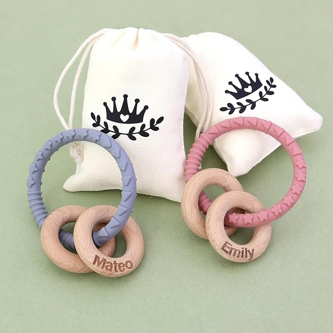 Personalized Name Teether Rattle with Name for Newborn,Custom Wooden Baby Rattle Toys Teether Ring Gift