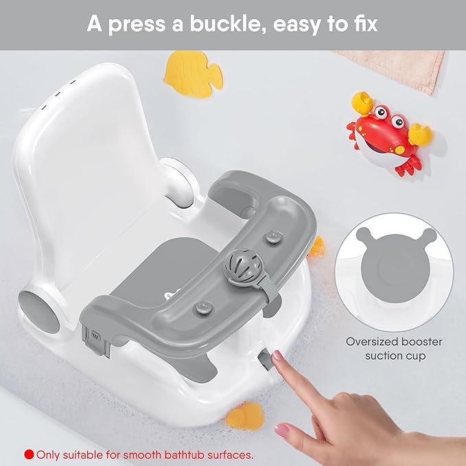 Baby Bath Seat with Sitting & Lying 2 Modes, 3-Speed Adjustment, Powerful Suction Cups, Infant Bathtub Chair with Washable Pillow, Folding and Hanging