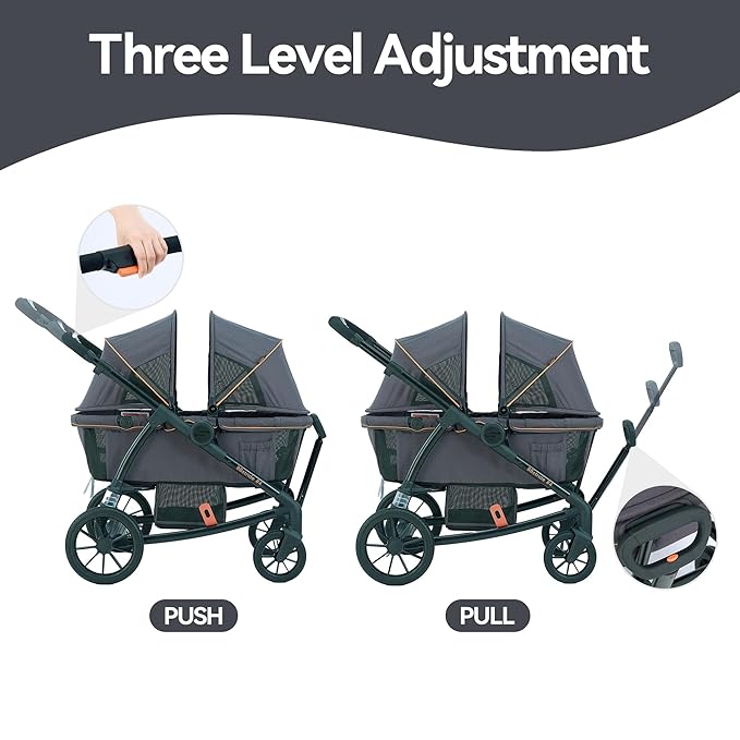 Pamo Babe Double Stroller Tandem Stroller for 2 Kids Push Pull Kids Wagon Adjustable Handle Waterproof and Sunproof Canopies Large Removable Storage Baskets
