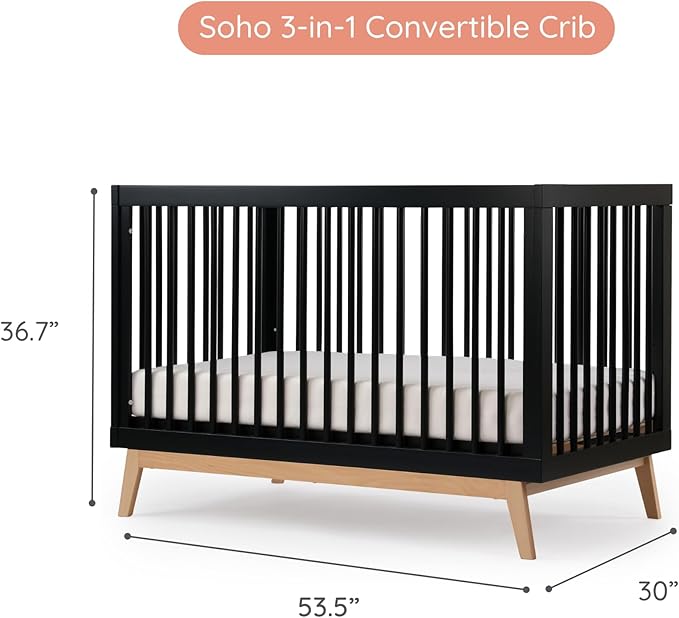 dadada Baby Soho 3 in 1 Convertible Wooden Crib to Toddler Bed - Made in Italy, GREENGUARD Gold Certified, Baby-Safe Finish, Sustainable Beech Wood, Modern Design, 3 Adjustable Heights (Black/Natural)