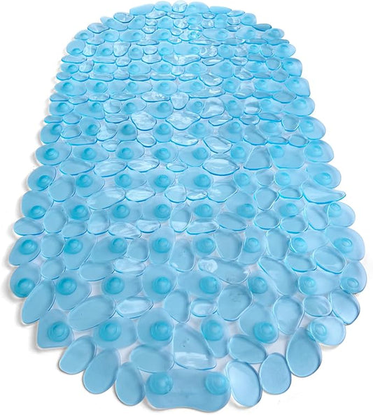 “Pebbles” Non-Slip Bathtub & Shower Mat 27”x14” Oval - Non-Toxic - Safe, Clean, Machine-Washable, Superior Grip & Drainage, Vinyl, for Smooth Floors ONLY, Transparent Aqua