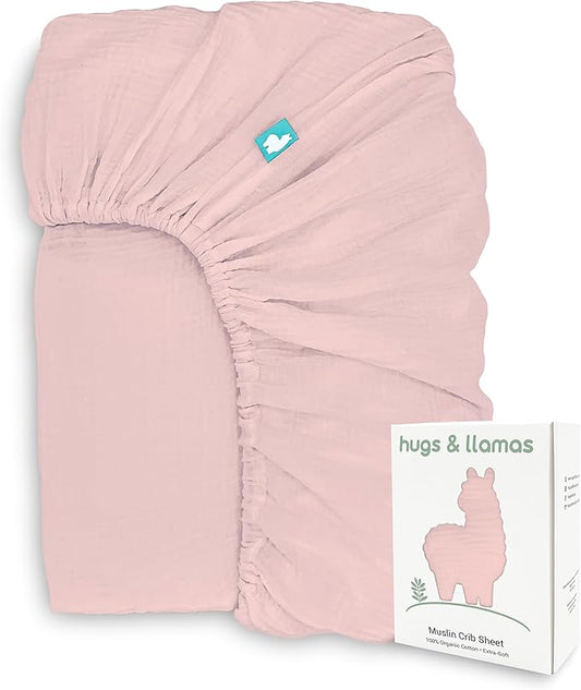 Hugs & Llamas - 100% Organic Cotton Muslin Fitted Sheet for Boys & Girls | Neutral Organic Crib Sheets