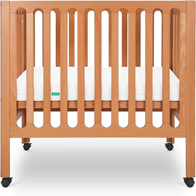 Newton Baby Galileo Mini Crib Solid Beech Wood with Wheels in Chestnut Color, Mini Crib Mattress Included, Adjustable Mattress Height, Ultra-Safe Non-Toxic Finish