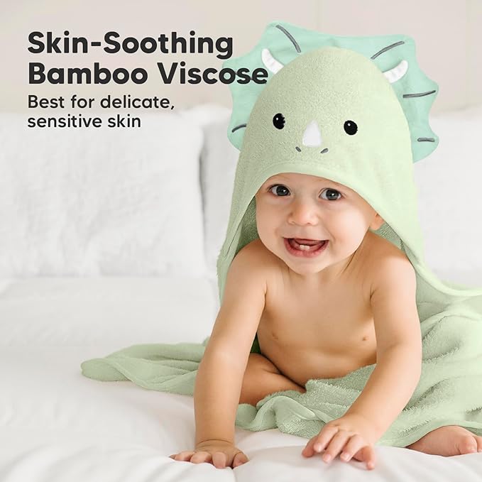 KeaBabies Hooded Baby Towel for Newborn - Viscose Derived from Bamboo Large Baby Bath Towels with Hood for Boys, Girls, Toddler, Extra Absorbent & Soft Newborn Bath Essentials (Triceratops)