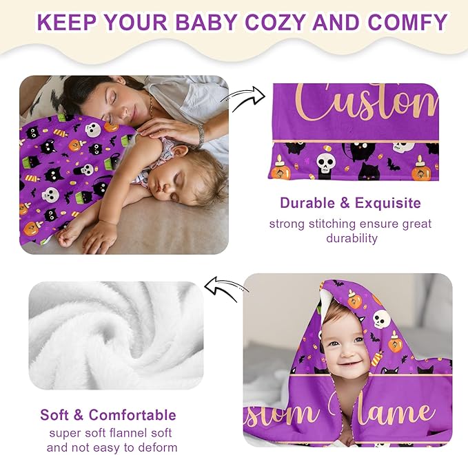 Ship Next Day, Personalized Halloween Blanket for Boys Girls - Printed in USA, Custom Baby Blanket with Name Super Soft Plush Flannel, Halloween Decor Christmas Brithday Gifts for Kids Toddlers