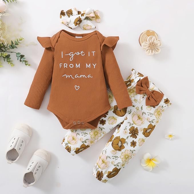 DISAUR Baby Girls Clothes Newborn Infant Baby Girls Outfit Long Sleeve Ruffle Romper Floral Pants Headband Sets 0-18 Months