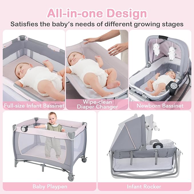 HONEY JOY Pack and Play with Bassinet, Infant Nursery Center Pack and Play w/Newborn Cradle & Hanging Toys, Diaper Storage, Music, Portable Baby Playard w/Changing Station (Starry Pink)