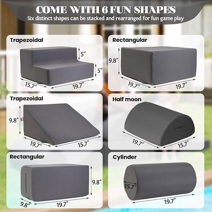 jela Kids Foam Climbing Blocks 6Pcs Soft Play Equipment Waterproof Fabric, UV Resistant Toddler Climbing Toys Indoor& Outdoor Soft Play Climbing Set, Lightweight Climbing Blocks for Kids (Darkgrey)