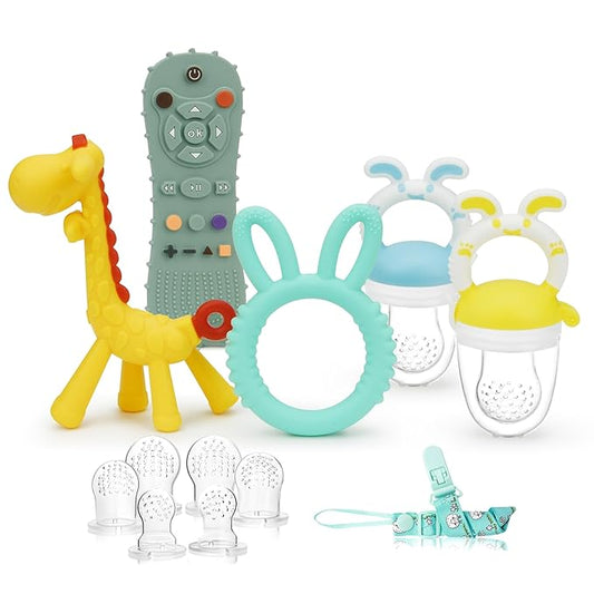 WAJIAYON Baby Teething Toys for Babies 3-6 Months Set of 12,Baby Toys 6 to 12 Months,2 InfantFruit Feeders for Babies Teether Relief Soothing Sore Gums Chew Infant Toys, Freezer BPA Free