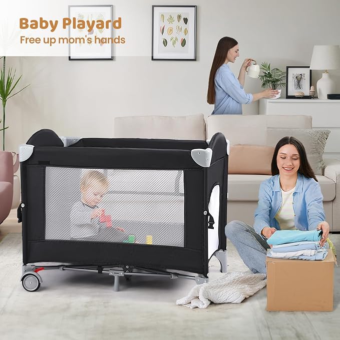JOYMOR Pack and Play with Changing Table, 5-in-1 Portable Baby Bedside Bassinet with Storage, Travel Crib with Carry Bag, Compact Fold (Black)