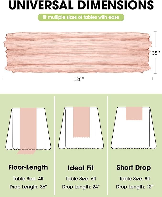 Pureegg 3-Pack Cheese Cloths Table Runner, 120'' Boho Table Cloth Decorations for Party, Baby Shower, Wedding and Farmhouse, Fabric Room Decor, Dusty Pink