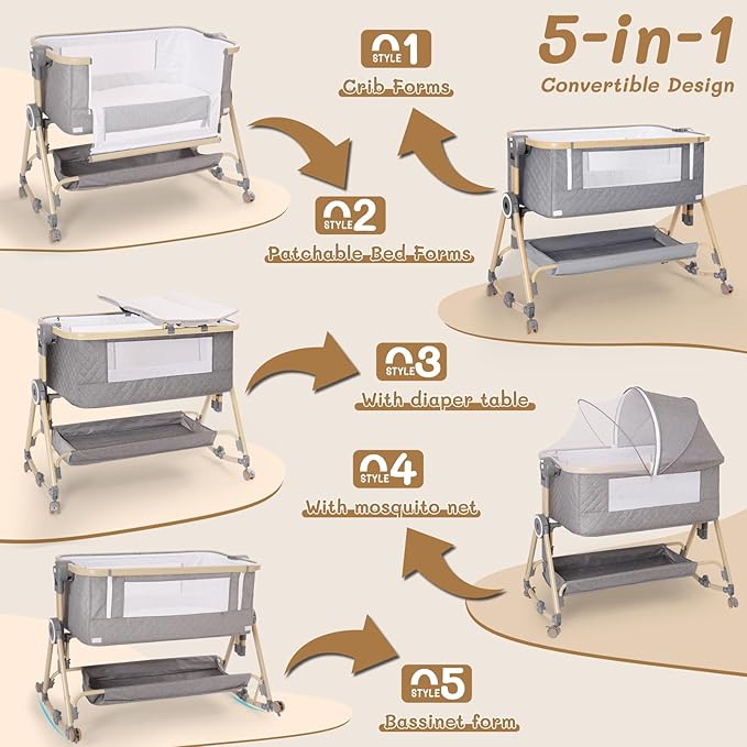 Baby Bassinet 5 in 1,Baby Bedside Bassinet with Diaper Table, Mosquito Net, Mattress, Storage Layer, Can Be Stored in One Button Travel Crib (Gray)