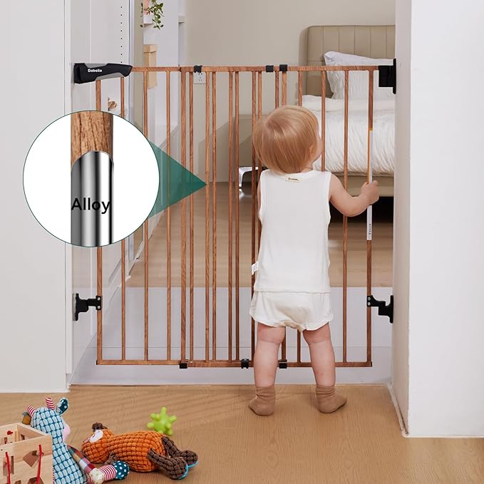 Babelio 26-43" No Bottom Bar Baby Gate for Babies, Elders and Pets, 2-in-1 Hardware Mount Dog Gate for The House, Stairs and Doorways, with Large Walk Thru Door, Brown Wood Pattern