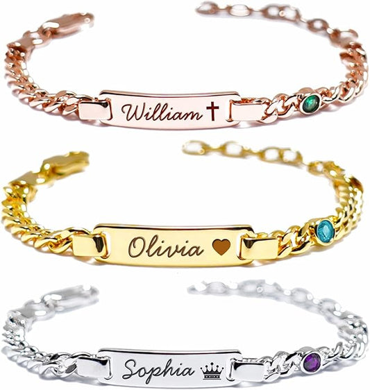 Custom Baby Birthstone Bracelets with Name for Infant Girls, Personalized 18K Gold Plated Bracelet Engraved Name Baby Birthday Gifts for Boys, Kids Jewelry for Girls