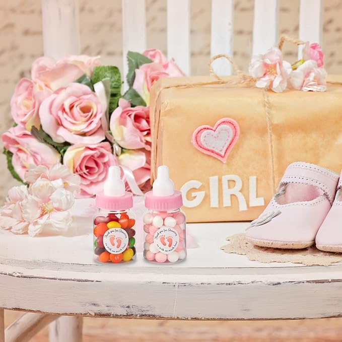 Tondiamo 48 Pcs Pink Baby Shower Mini Bottle Favors 1. 5 x 3. 5 Inch Baby Shower Candy Jar Mini Milk Bottle Party Favor Fillable Gift Boxes for Boys Girls Birthday Party Games Decorations