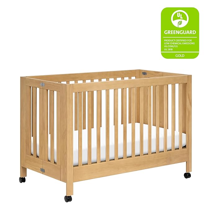 babyletto Maki 2-in-1 Portable Folding Crib with Toddler Bed Conversion Kit in Honey, Greenguard Gold Certified