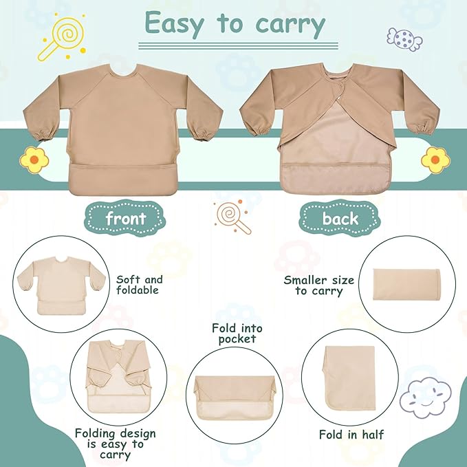 Jeyiour 6 Pack Long Sleeve Baby Bibs Mess Proof Bib Washable Feeding Bib Waterproof Smock Bib for Infant Toddler 6-24 Months